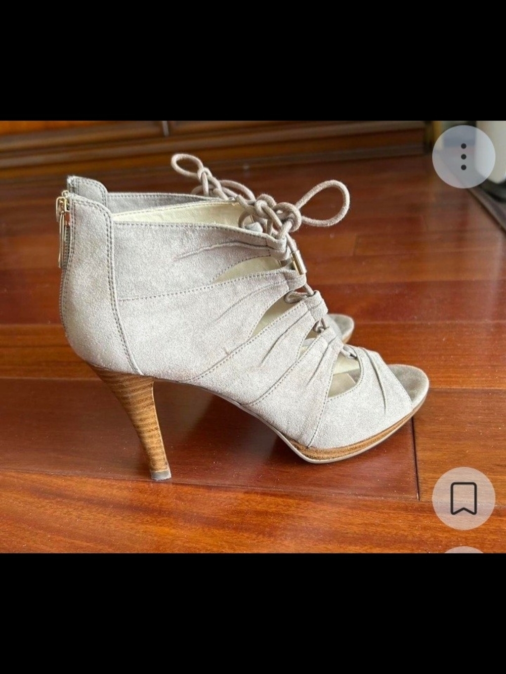 Lace-Up Suede Peep-Toe Heels in Light Gray